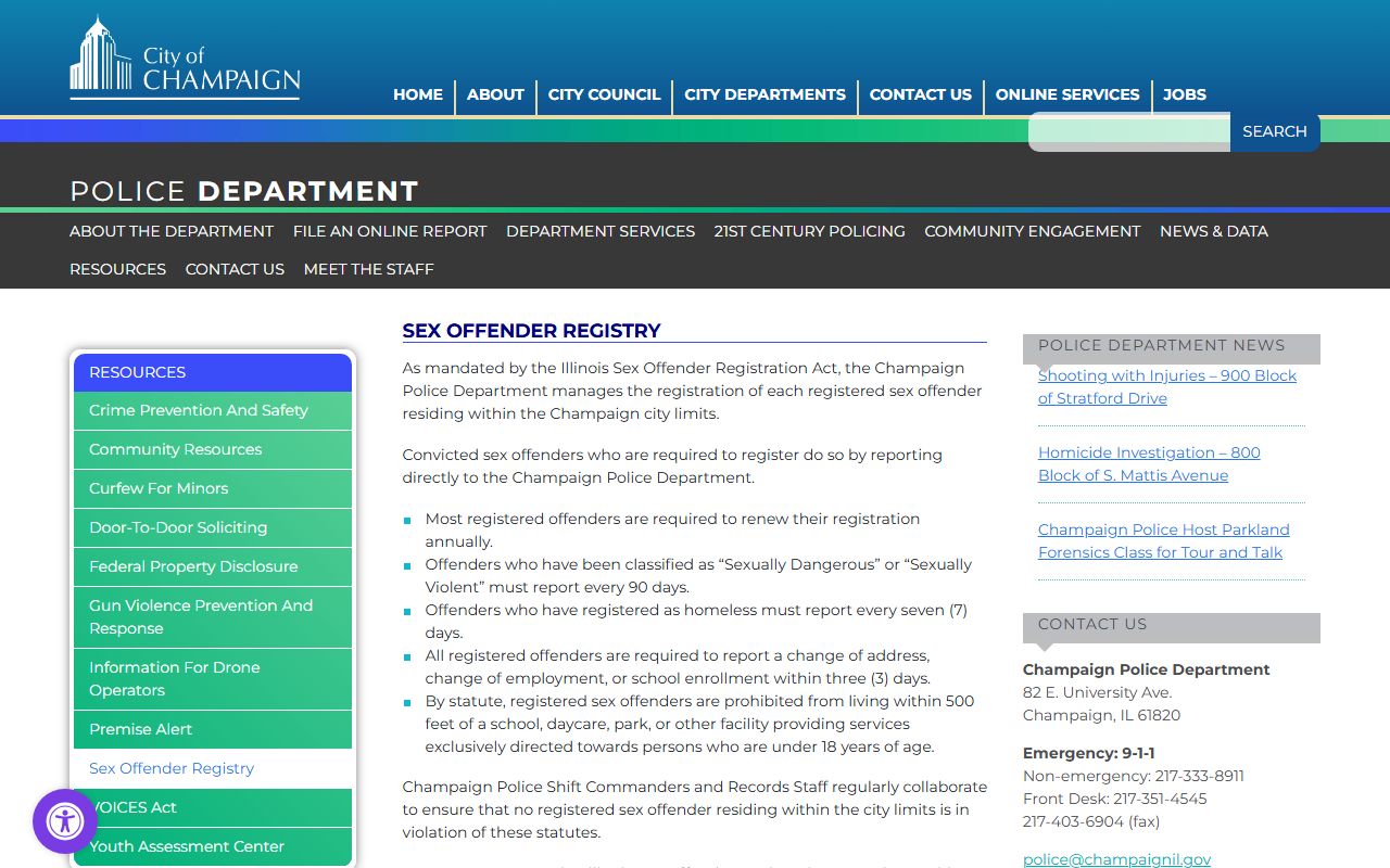 Champaign Police sex offender registry page for Champaign sex offender information