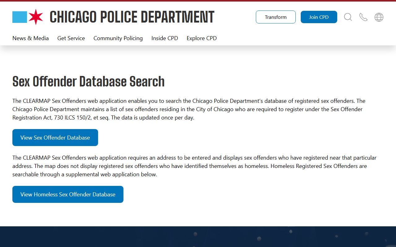 Chicago Police sex offender database search for Chicago sex offenders