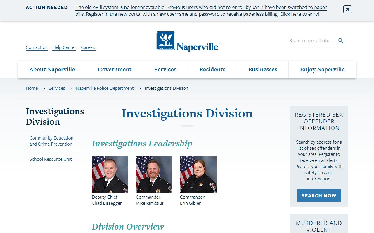 Naperville Police Investigations Division for Naperville sex offender registry