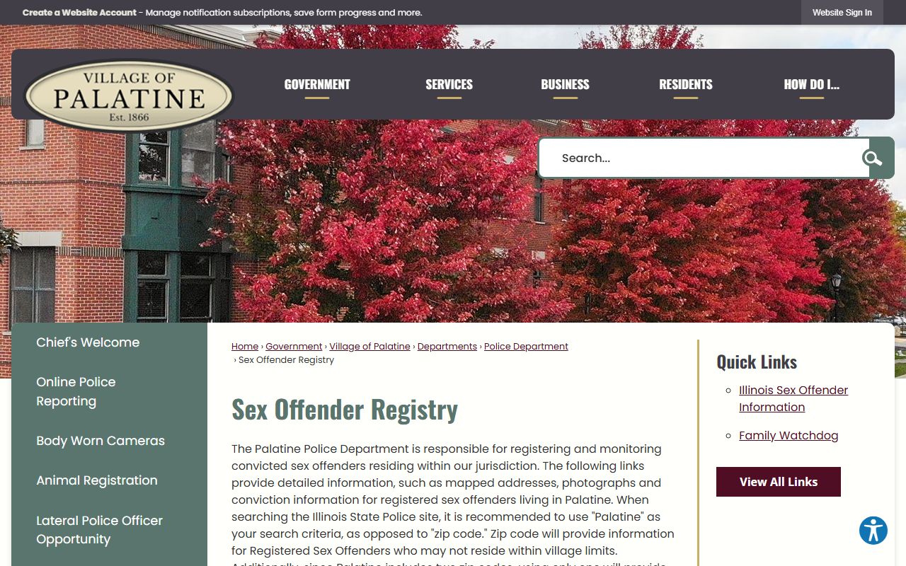 Palatine Police sex offender registry page for Palatine sex offenders