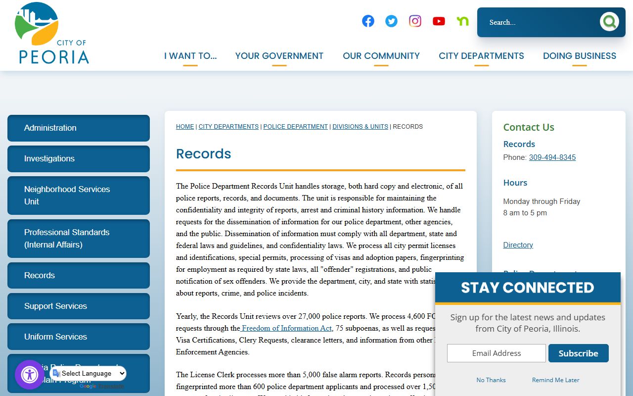 Peoria Police Department Records Unit for Peoria sex offender data