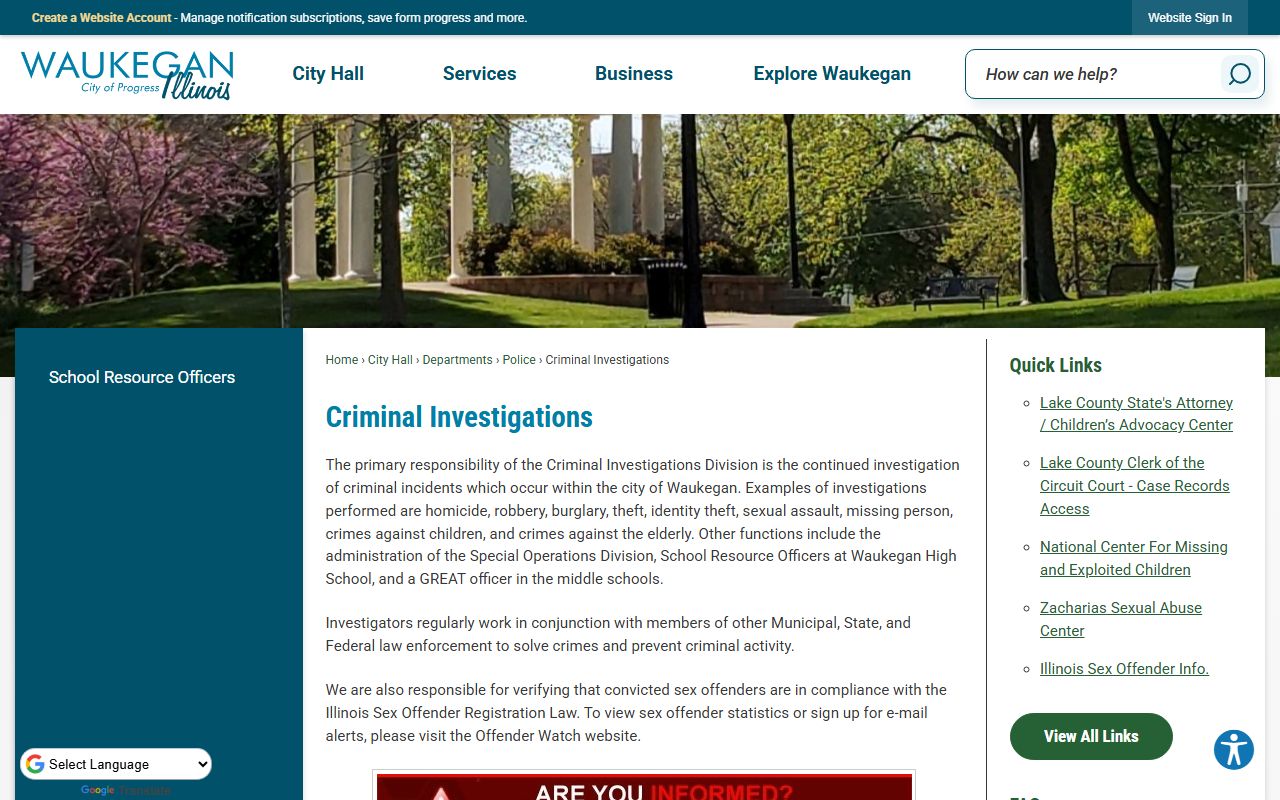 Waukegan Police Criminal Investigations Division for Waukegan sex offender tracking
