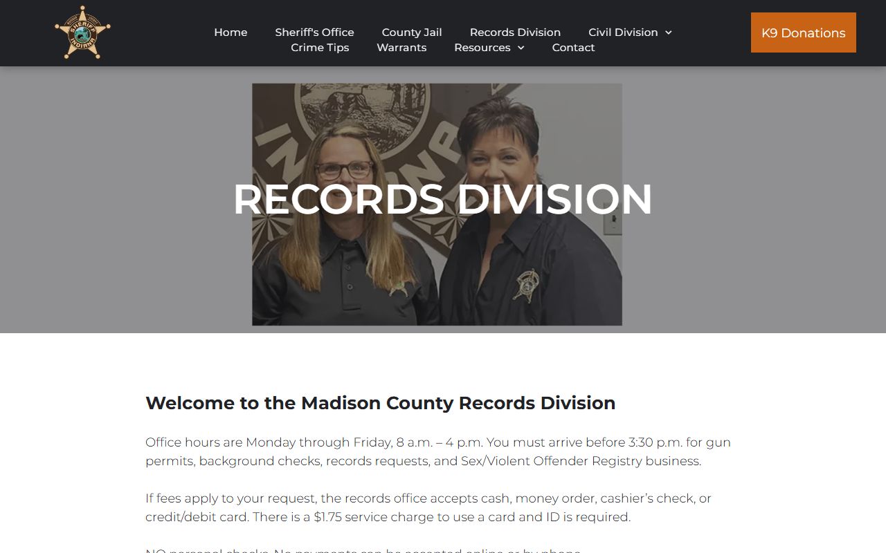 Madison County Sheriff records division page for sex offender registry