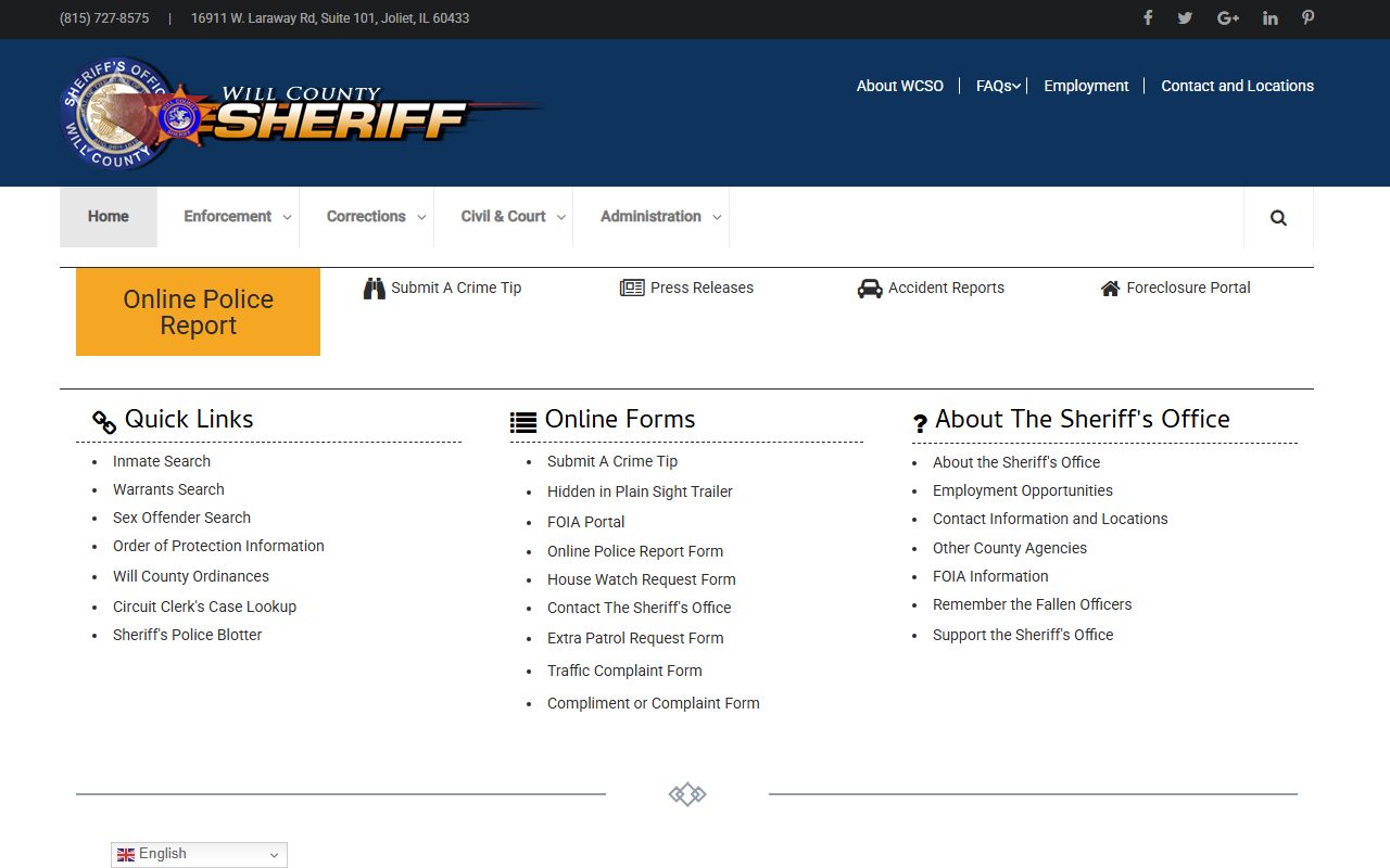 Will County Sheriff website for Will County sex offender registry information