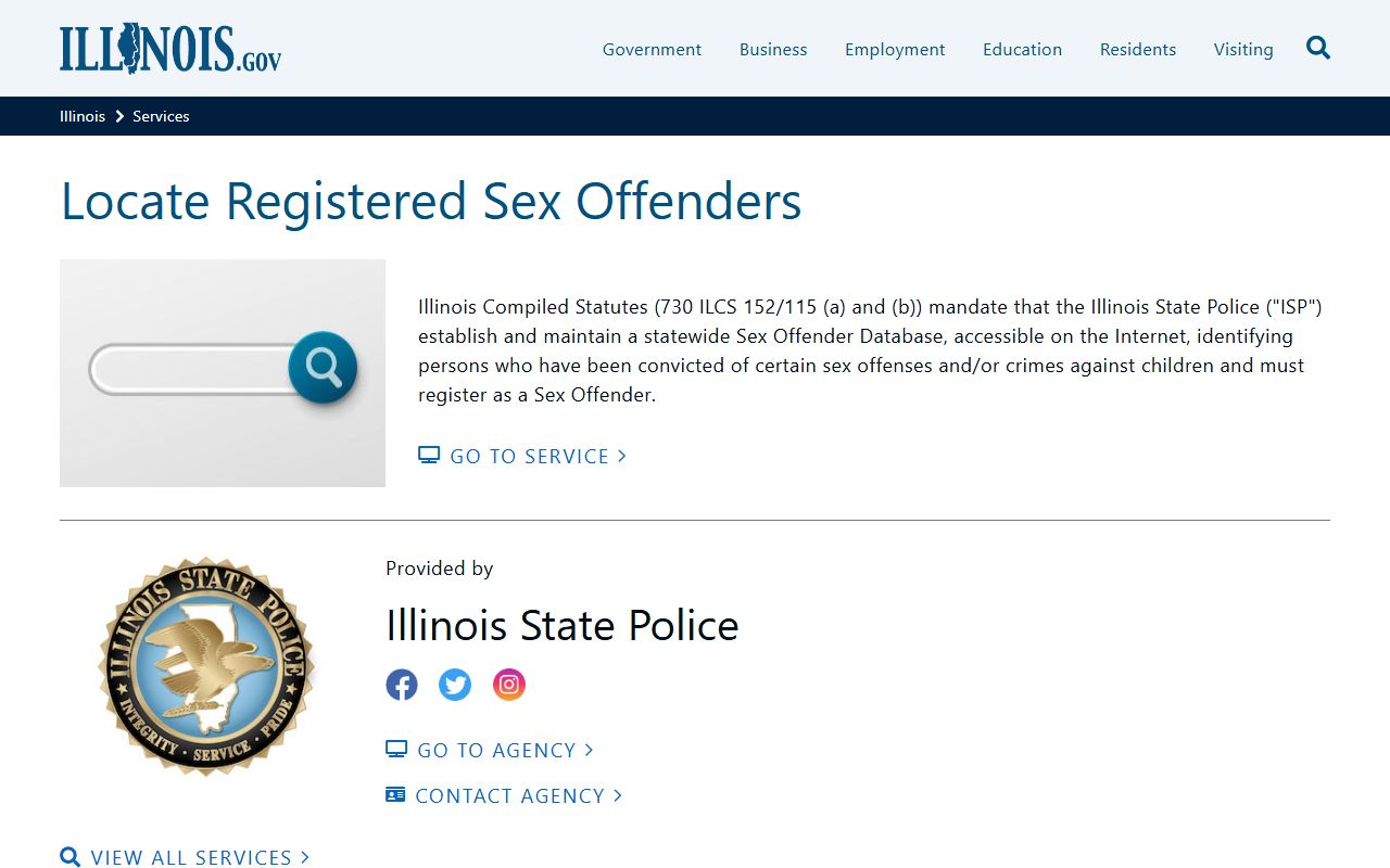 Illinois.gov sex offender service page for Illinois sex offenders